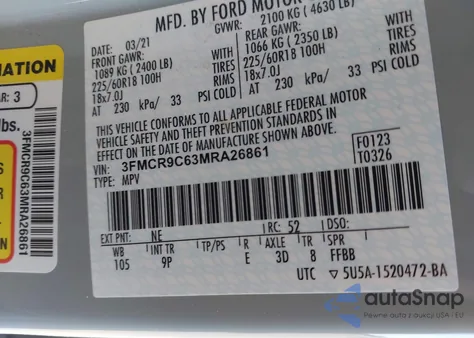 2021 Ford Bronco Sport Outer Banks from USA, damaged, VIN 3FMCR9C63MRA26861